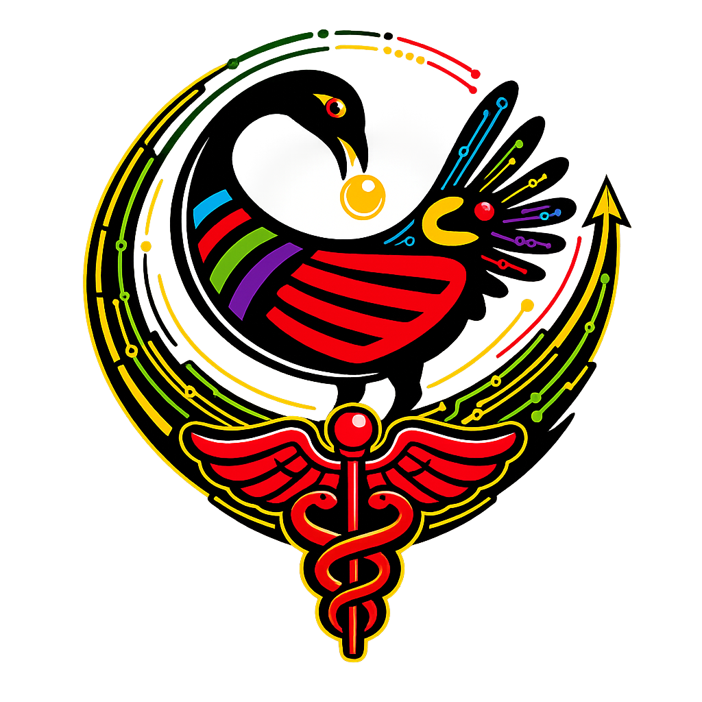 Black Healthcare Advocate logo: a Sankofa bird with caduceus medical symbol in Pan-African red, gold, and green colors